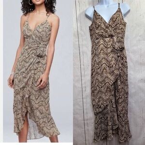 Bardot Animal Print Faux Wrap Midi Dress Y2K Boho Slip Strappy Brown Tan Size 6